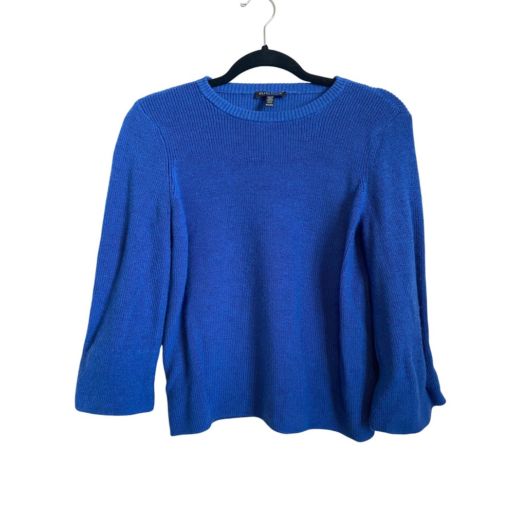 EILEEN FISHER PETITE Blue Ribbed Merino Wool Bell Sleeve Sweater PM Medium